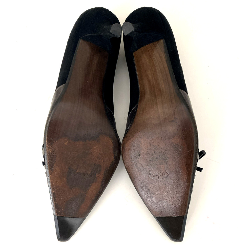 Stuart Weitzman Pump Black Suede Silver Pewter Leather Bow Pointed Toe Lace 7.5 - Picture 9 of 9